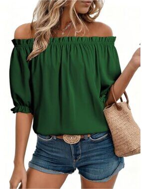 Womens Off Shoulder Puff Sleeve Blouse 100% Polyester Dressy Casual Top